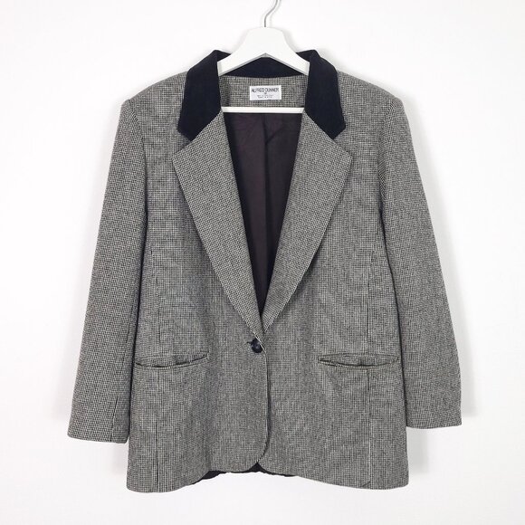 Vintage Black & White Velvet Collar Wool Blend Single Button Blazer Made in USA - Picture 1 of 9